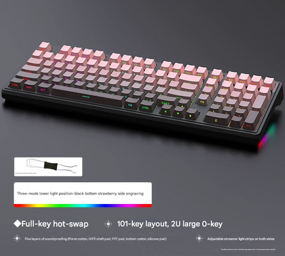 Tri-Mode RGB Mechanical Gaming Keyboard - 102-Key, Hot-Swappable, 4000mAh Battery, 5-Layer Sound Dampening(Strawberry on black)