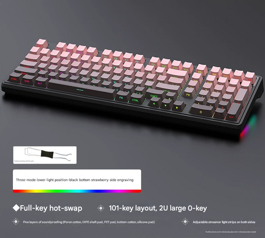 Tri-Mode RGB Mechanical Gaming Keyboard - 102-Key, Hot-Swappable, 4000mAh Battery, 5-Layer Sound Dampening(Strawberry on black)