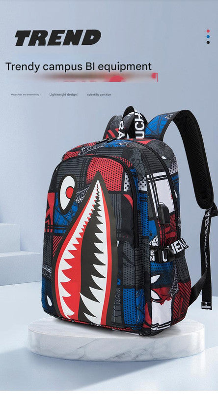 Trendsetter Shark Mouth Print Backpack - Lightweight & Breathable School Bag(Laser Blue)
