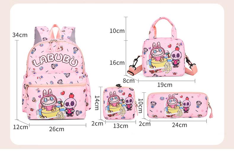 Kids Cartoon Character 3-Piece Backpack Set - Lightweight School Bag with Lunch Bag & Pencil Case(Pink)