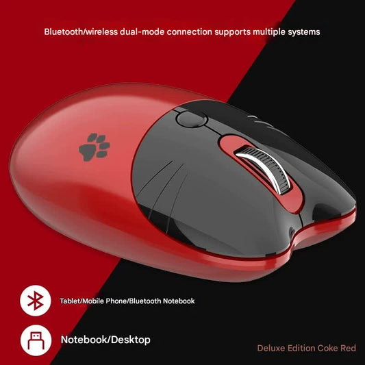 Cute Cat Shaped Wireless Office Mouse - Dual Mode 2.4G/Bluetooth, 3-Level DPI, Silent Click(red)