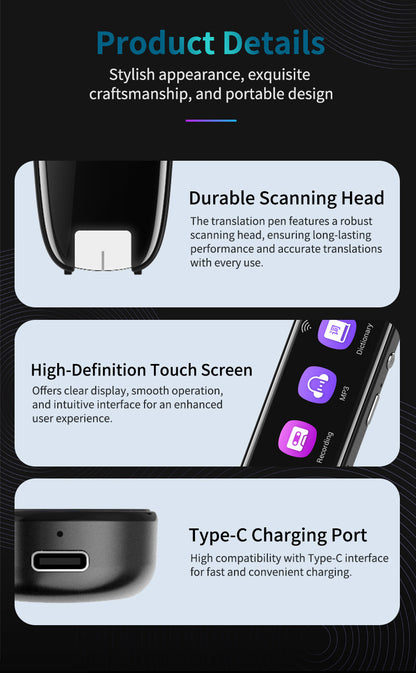 Smart AI Scan & Voice Translator Pen - 112+ Languages, Offline Mode, HD Touchscreen & Dictionary(black)
