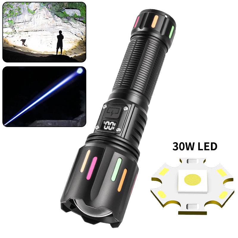 30W High Brightness LED Flashlight with Digital Display & Fluorescent Design - USB Rechargeable, 800-1200M Range(black+One 26650 battery)