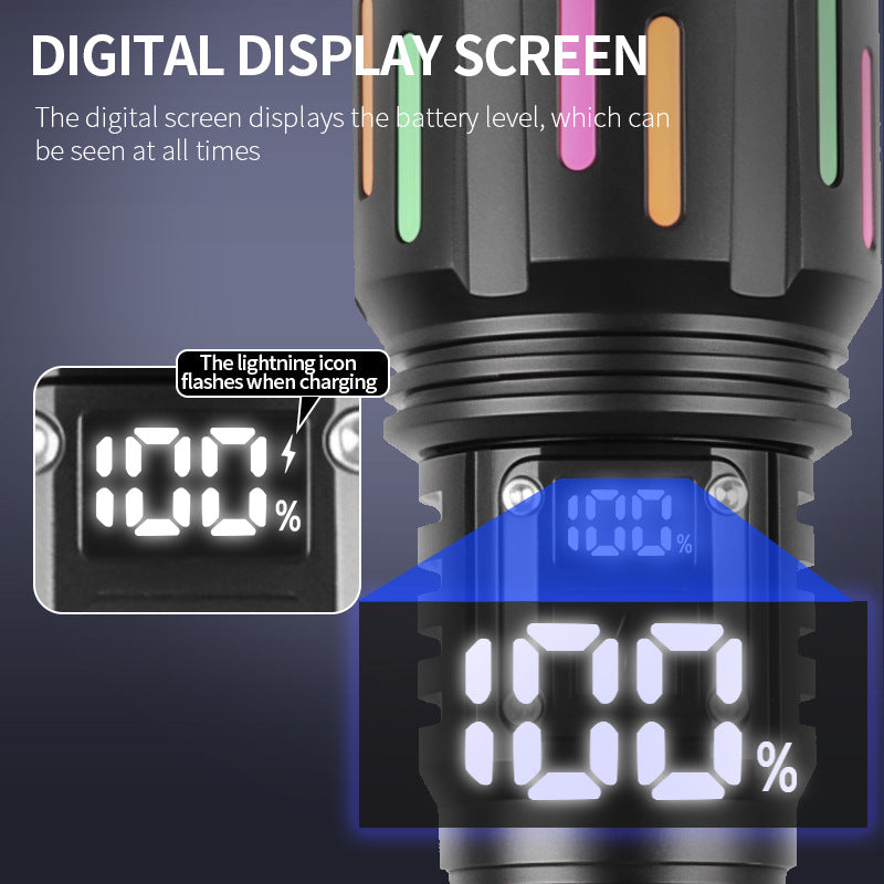 30W High Brightness LED Flashlight with Digital Display & Fluorescent Design - USB Rechargeable, 800-1200M Range(black+One 26650 battery)