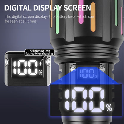 30W High Brightness LED Flashlight with Digital Display & Fluorescent Design - USB Rechargeable, 800-1200M Range(black+One 26650 battery)