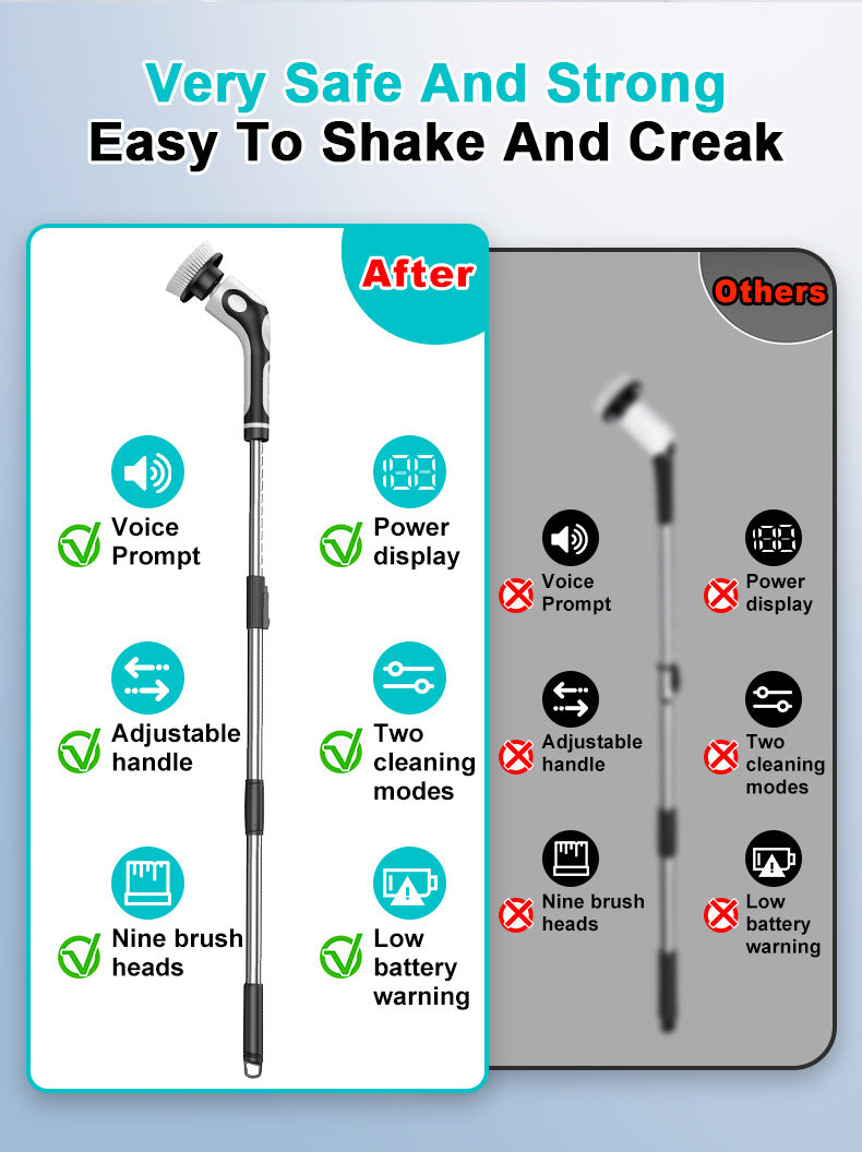 Multi-Functional Electric Spin Scrubber with Voice Broadcast, 9 Heads, Adjustable Extension Handle & LED Display(Black and White)