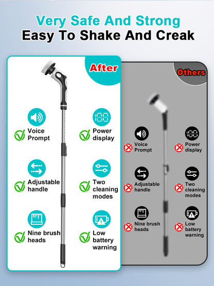 Multi-Functional Electric Spin Scrubber with Voice Broadcast, 9 Heads, Adjustable Extension Handle & LED Display(Black and White)