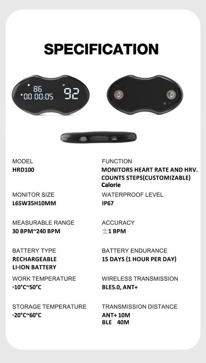 Smart Fitness Heart Rate Monitor Chest Strap with Data Display - IP67 Waterproof, Rechargeable, BLE & ANT+(black)