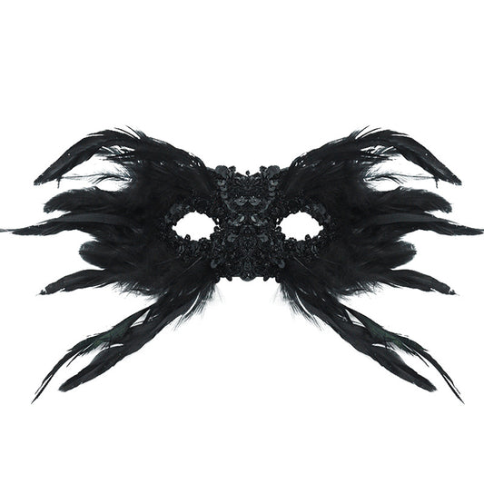 Black Mysterious Gothic Feather Masquerade Mask - Black Angel Wing Venetian Party Costume