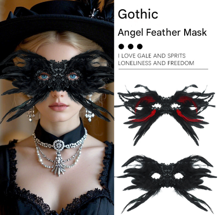Black Mysterious Gothic Feather Masquerade Mask - Black Angel Wing Venetian Party Costume