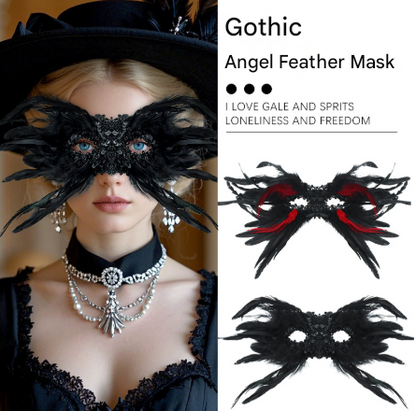 Black Mysterious Gothic Feather Masquerade Mask - Black Angel Wing Venetian Party Costume