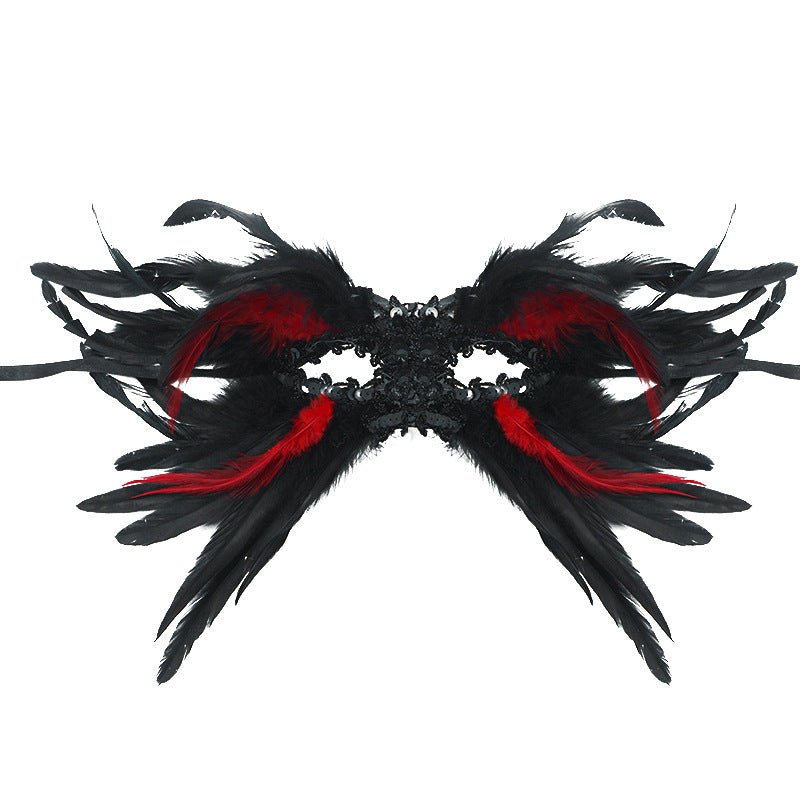 Red and Black Mysterious Gothic Feather Masquerade Mask - Black Angel Wing Venetian Party Costume