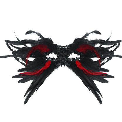 Red and Black Mysterious Gothic Feather Masquerade Mask - Black Angel Wing Venetian Party Costume