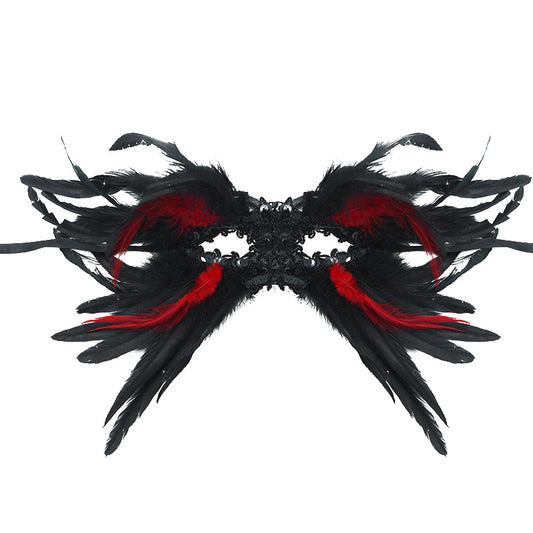 Red and Black Mysterious Gothic Feather Masquerade Mask - Black Angel Wing Venetian Party Costume