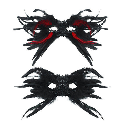 Red and Black Mysterious Gothic Feather Masquerade Mask - Black Angel Wing Venetian Party Costume