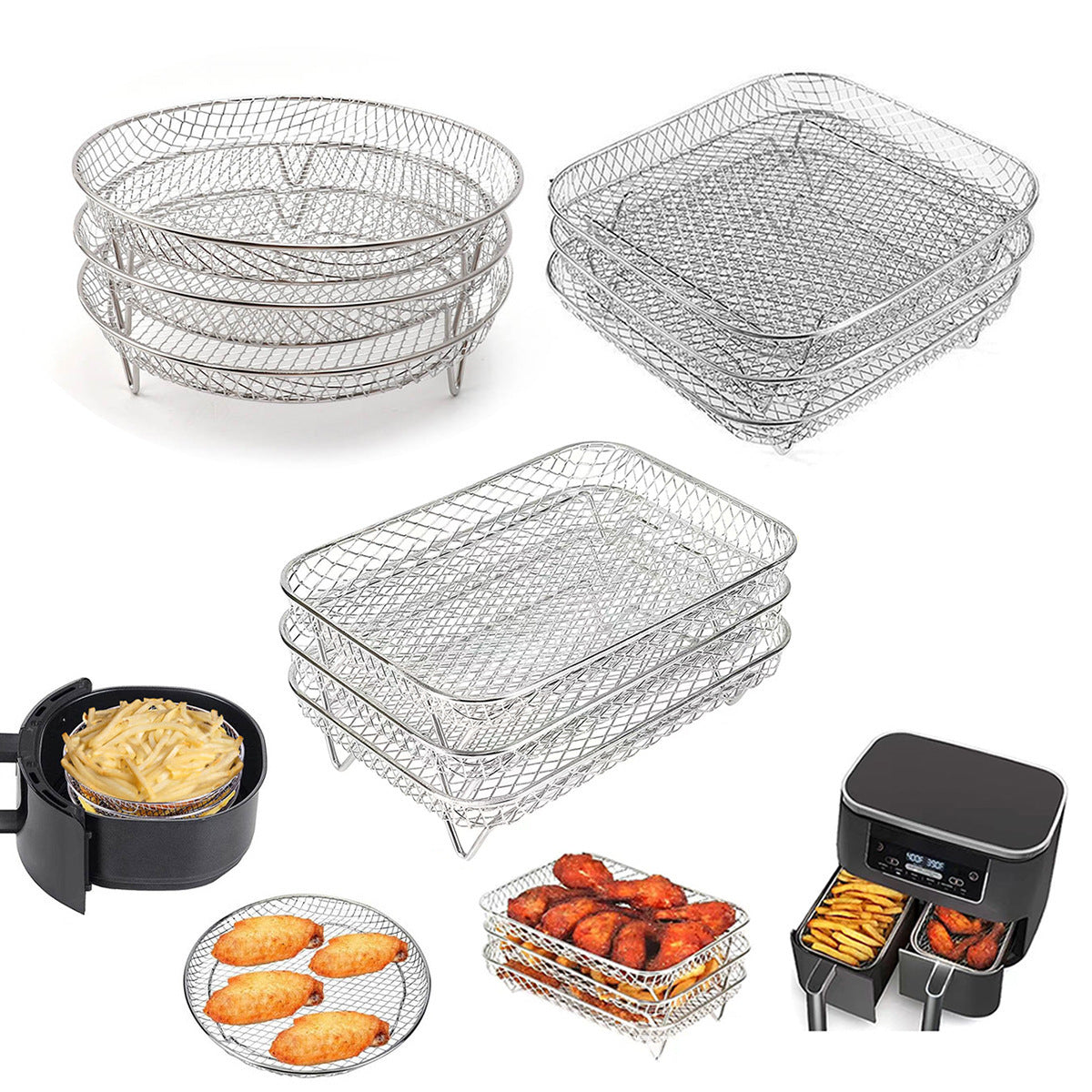 Silver 3-Pack Stackable Air fryer Racks - Food Grade Stainless Steel Multi-Layer Dehydrator & Crisper Tray Accessory