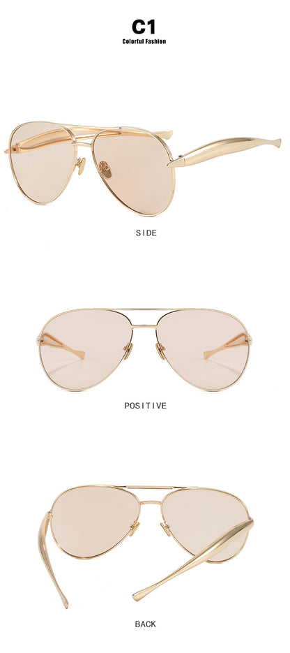 Style C1 Gold Frame Champagne Lenses Chic Oversized Aviator Sunglasses - Retro Metal Frame with UV400 Protection for Women