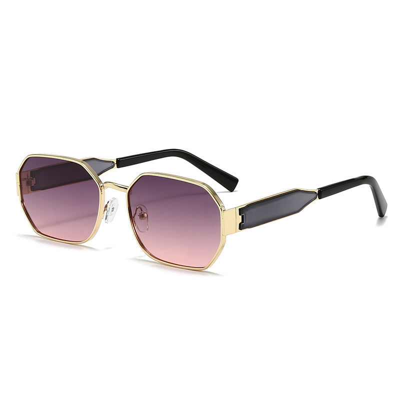Gold Frame and Pink Grey Lenses Modern Retro Geometric Sunglasses - Chic Metal Frame with UV400 Lenses and Black PU Leather Protective Case