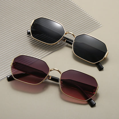 Gold Frame and Pink Grey Lenses Modern Retro Geometric Sunglasses - Chic Metal Frame with UV400 Lenses and Black PU Leather Protective Case
