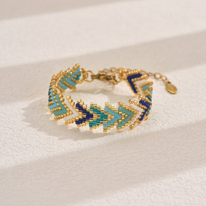 Blue Miyuki Beaded Bohemian Rainbow Arrow Handmade Stainless Steel Bracelet