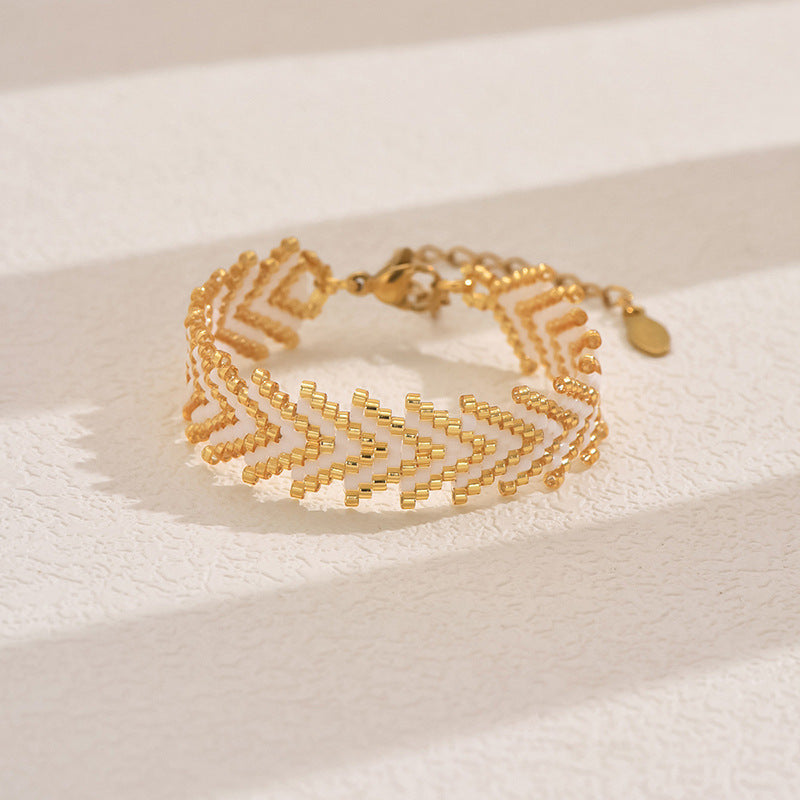 Gold-white Miyuki Beaded Bohemian Rainbow Arrow Handmade Stainless Steel Bracelet