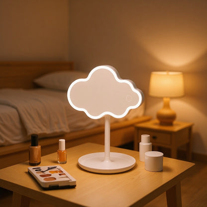 White Cute Cloud Shaped LED Makeup Mirror Desktop Vanity Light with Storage Tray 360 Rotation Cordless Cosmetic Beauty Tool