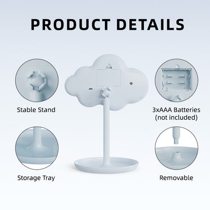 White Cute Cloud Shaped LED Makeup Mirror Desktop Vanity Light with Storage Tray 360 Rotation Cordless Cosmetic Beauty Tool