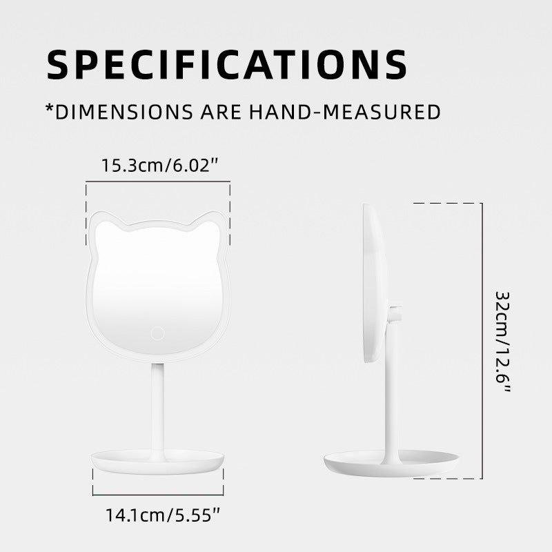 Cute Cat Ear LED Makeup Mirror Desktop Vanity Light with Storage Tray Adjustable Angle Cordless Cosmetic Beauty Tool for Teens