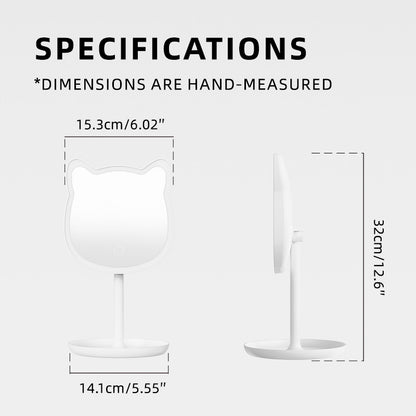 Cute Cat Ear LED Makeup Mirror Desktop Vanity Light with Storage Tray Adjustable Angle Cordless Cosmetic Beauty Tool for Teens