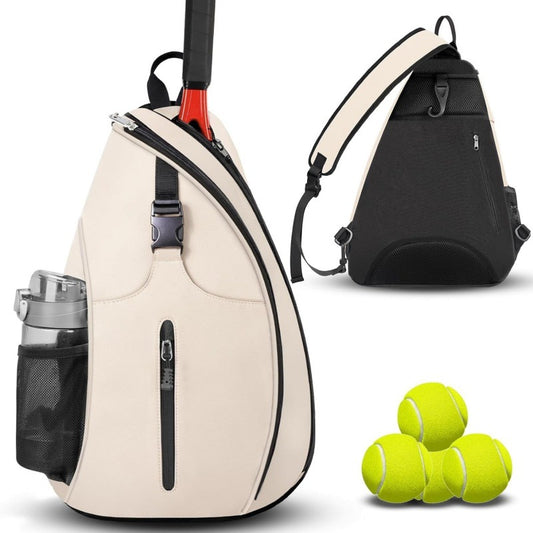 Beige Tennis Sling Bag Badminton Backpack Crossbody Racket Holder for Pickleball Squash Sports Travel with Water Bottle Pocket