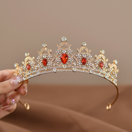 Golden-red Girls Princess Tiara Crown Crystal Rhinestone Headpiece 14cm Diameter for Birthday Party Dance Performance and Flower Girls Elegant Hair Accessory