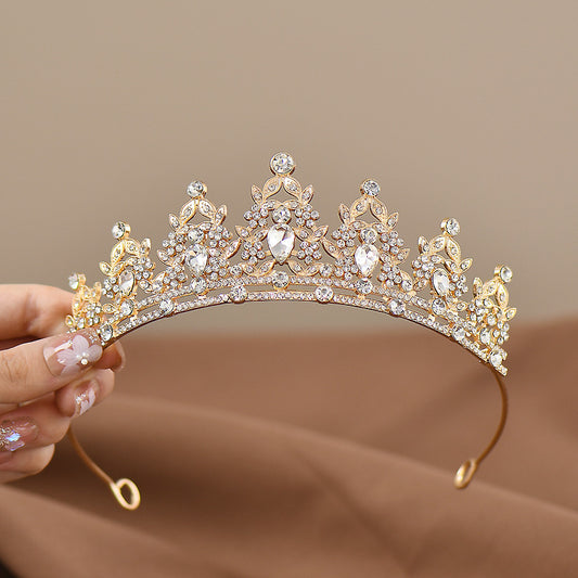 Golden-white Girls Princess Tiara Crown Crystal Rhinestone Headpiece 14cm Diameter for Birthday Party Dance Performance and Flower Girls Elegant Hair Accessory