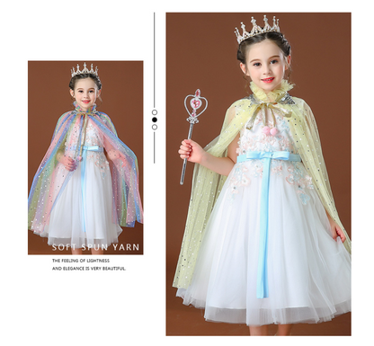 Pink Girls Rainbow Princess Costume Cape Set with Tiara Wand Gloves and Jewellery Sequin Star Tulle Cloak for Book Week and Dress Up