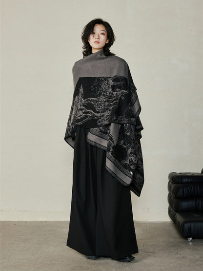 Faux Cashmere Shawl (Qingming Scroll Print) - Black Brown Green, 160*135cm