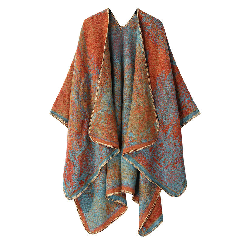 Faux Cashmere Shawl (Qingming Scroll Print) - Orange Blue, 160*135cm
