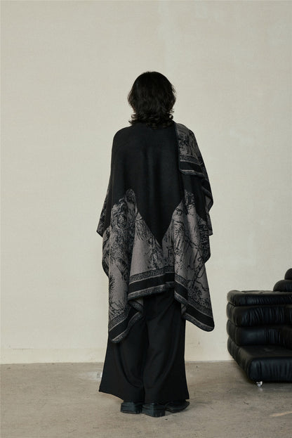 Faux Cashmere Shawl (Qingming Scroll Print) - Orange Blue, 160*135cm
