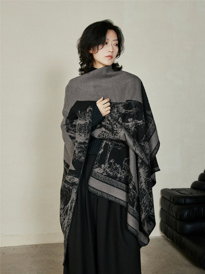 Faux Cashmere Shawl (Qingming Scroll Print) - Yellow Brown, 160*135cm