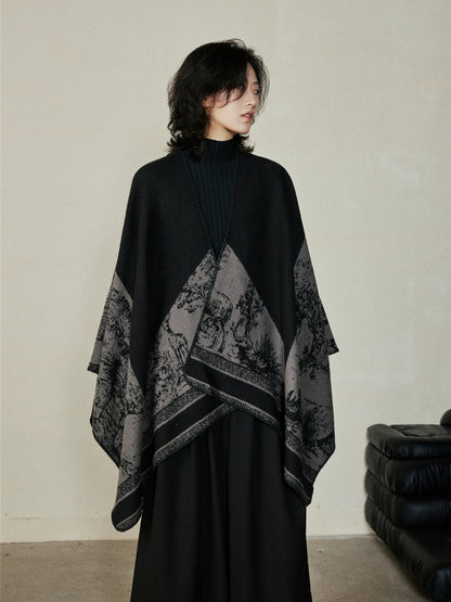 Faux Cashmere Shawl (Qingming Scroll Print) - Yellow Brown, 160*135cm