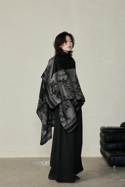 Faux Cashmere Shawl (Qingming Scroll Print) - Yellow Brown, 160*135cm