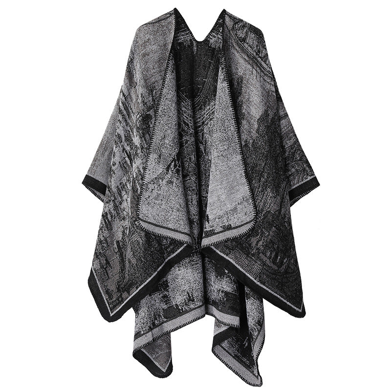 Faux Cashmere Shawl (Qingming Scroll Print) - Black Gray, 160*135cm