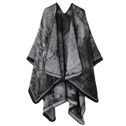Faux Cashmere Shawl (Qingming Scroll Print) - Black Gray, 160*135cm