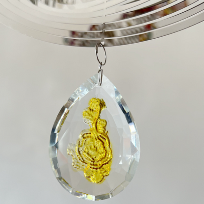 3D Silver Stainless Steel  Rose Water Drop Wind Chime (25x26CM) - Mirror Reflective Hanging Garden Art and Outdoor Decoration