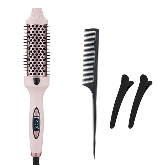2-in-1 Pink Volumizing Hair Straightening Brush & Curling Iron - Tourmaline Ceramic Heating, With 5 Adjustable Temperature Settings and Anti-Scald Shell