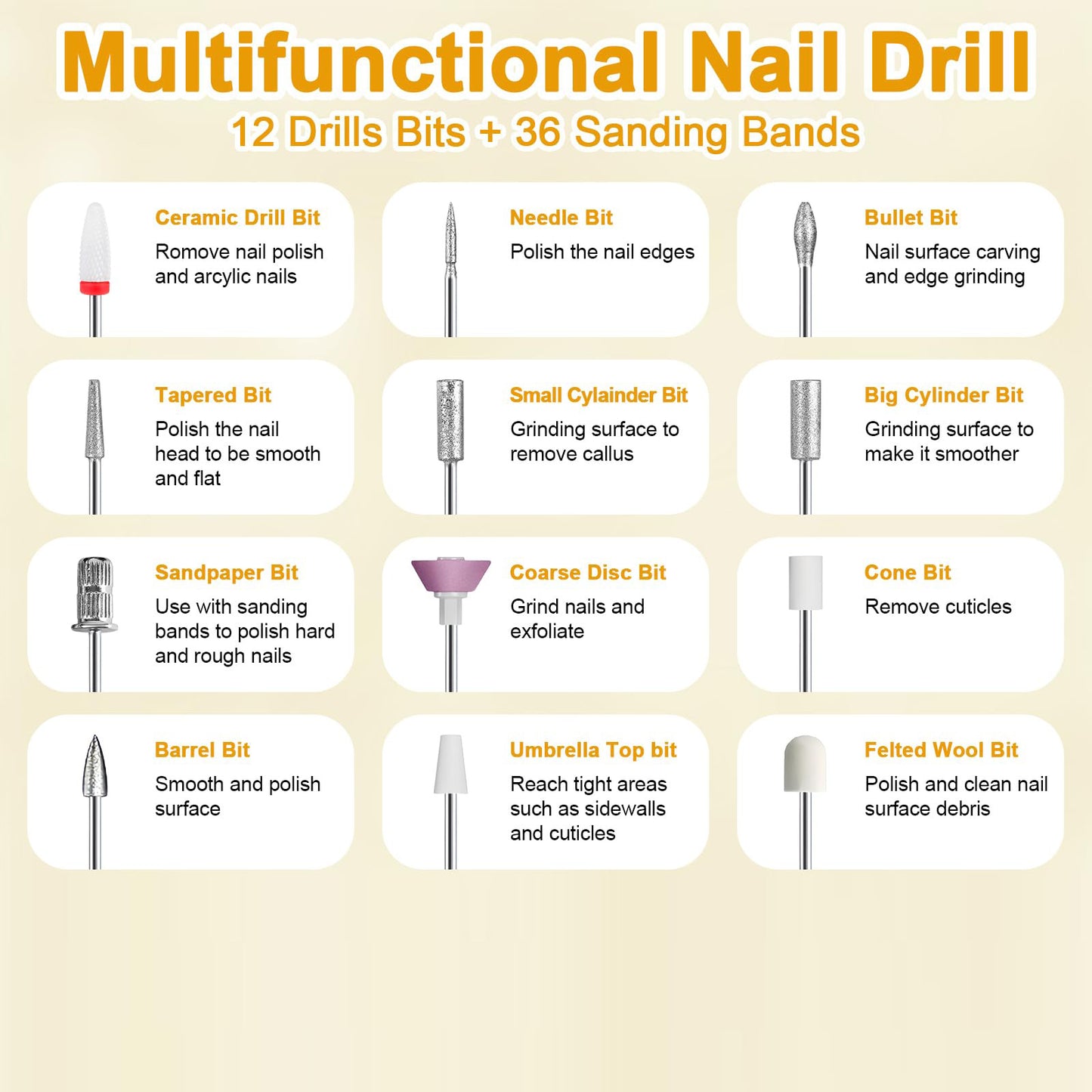 White Cordless Electric Nail Drill Kit - Portable Manicure Pedicure Polisher with 12 Bits