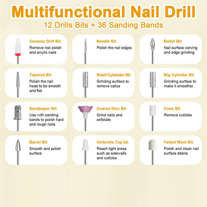 White Cordless Electric Nail Drill Kit - Portable Manicure Pedicure Polisher with 12 Bits