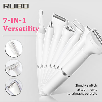 Black 7-in-1 Multifunctional Electric Shaver for Women - USB Rechargeable Painless Hair Removal Epilator with Washable Heads for Face, Body & Eyebrows