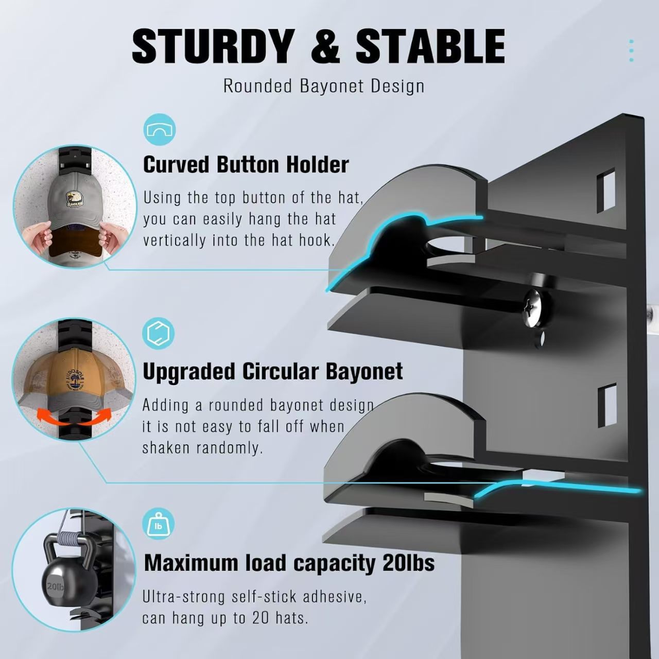 Black Hat Organizer for Baseball Caps - Multi-Layer Wall Mounted Cap Rack for Space-Saving Storage