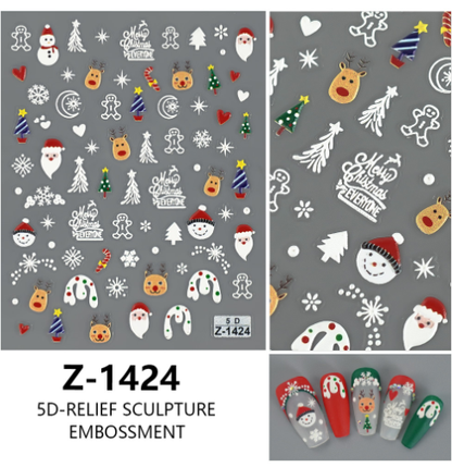 4PCS 5D Embossed Christmas Nail Art Stickers - Santa, Snowman, Reindeer & Snowflake Designs for Festive Manicures(Z-1424)