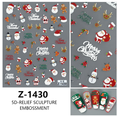 4PCS 5D Embossed Christmas Nail Art Stickers - Santa, Snowman, Reindeer & Snowflake Designs for Festive Manicures(Z-1430)
