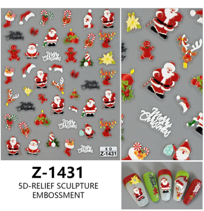 4PCS 5D Embossed Christmas Nail Art Stickers - Santa, Snowman, Reindeer & Snowflake Designs for Festive Manicures(Z-1431)